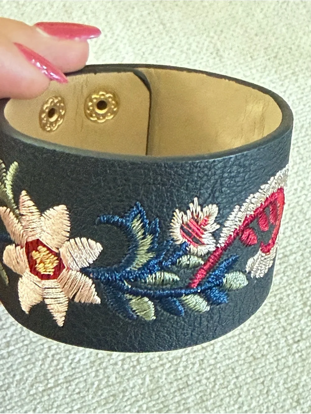 Embroidered Black Leather Floral Snap Bracelet